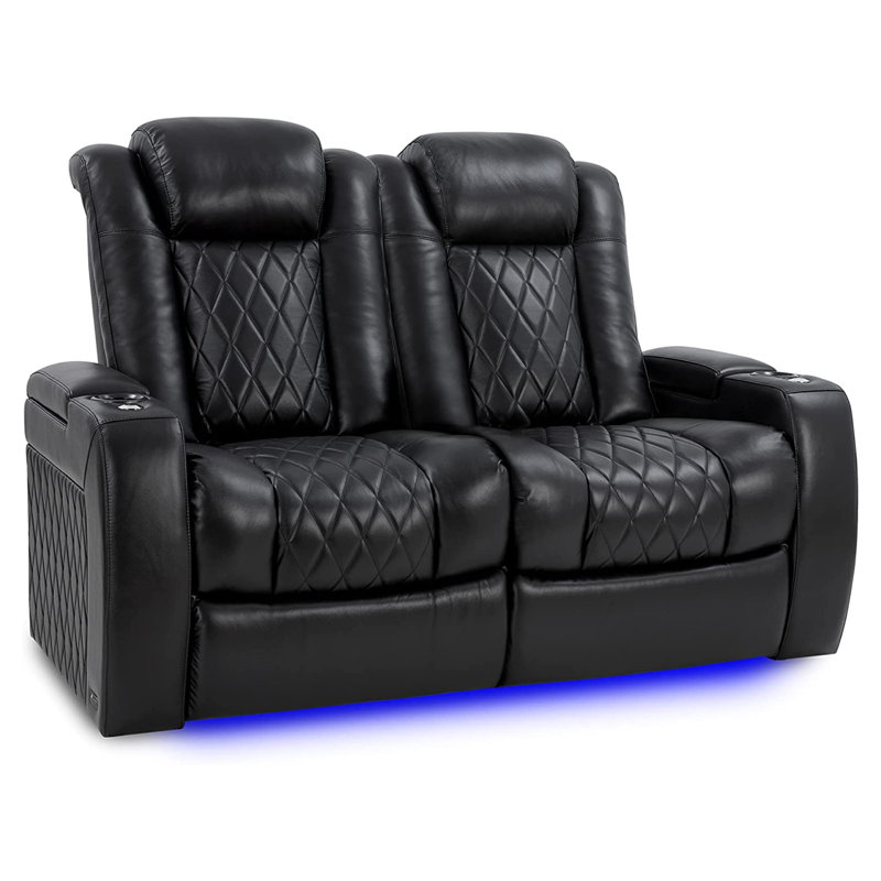 Cinéma maison inclinable électrique en cuir véritable 65 po avec porte-gobelet Tuscany, Cuir véritable noir minuit