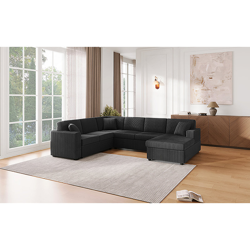 Canapé modulaire surdimensionné en U de 115,3 po avec méridienne et trois coussins décoratifs doux pour le salon, noir
