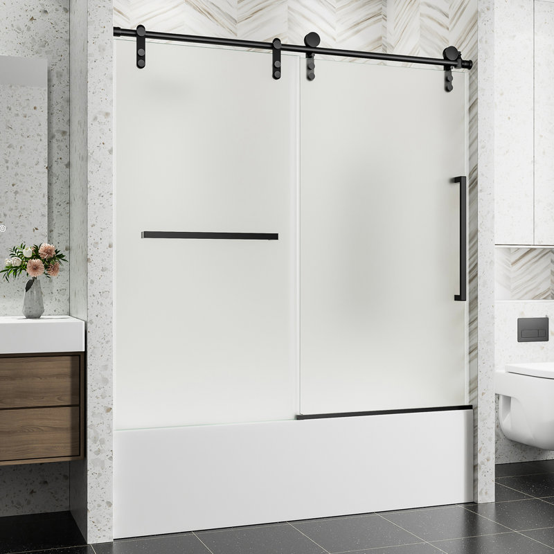 56 - Porte de baignoire coulissante entièrement sans cadre avec verre trempé transparent de 5/16 po (8 mm) et quincaillerie en acier inoxydable de 56 po x 60 po, noir mat, robuste et durable