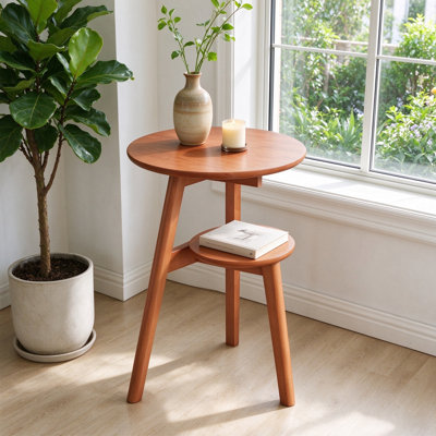Table d'appoint ronde à 2 niveaux en bois massif avec tablette de rangement pour salon et chambre à coucher, couleur naturelle