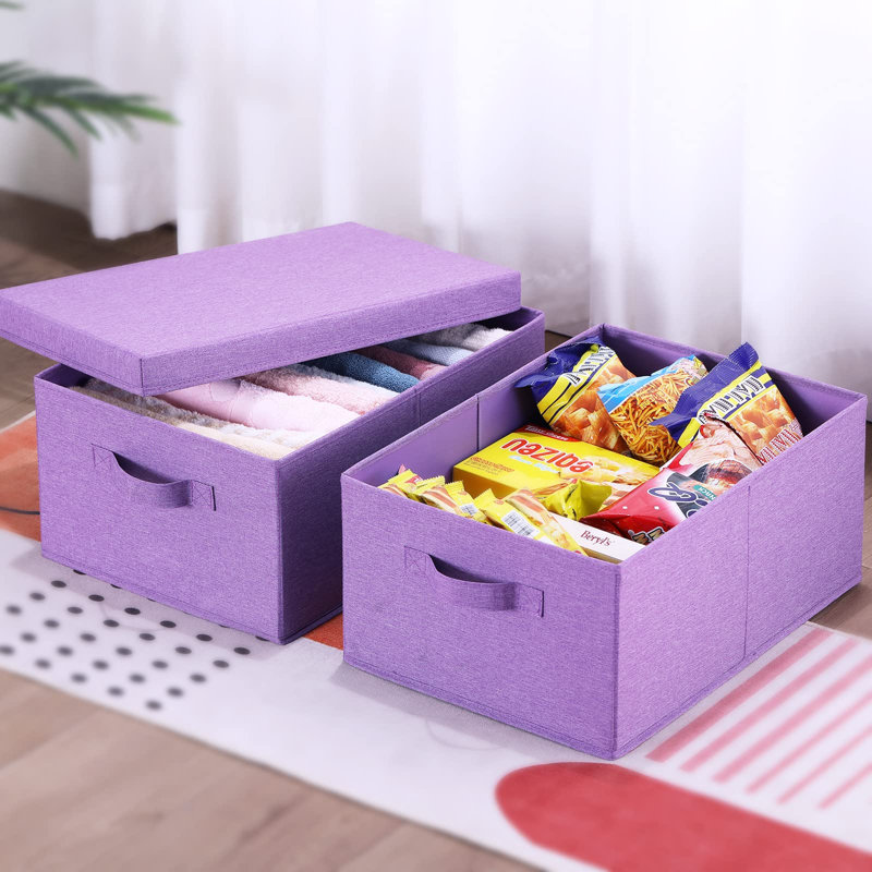 Bacs de rangement pliables avec couvercles, paquet de 2, boîtes de rangement avec 2 poignées de transport et carton robuste robuste, L 16,5 po x l 11,8 po x H 7,5 po, mauve