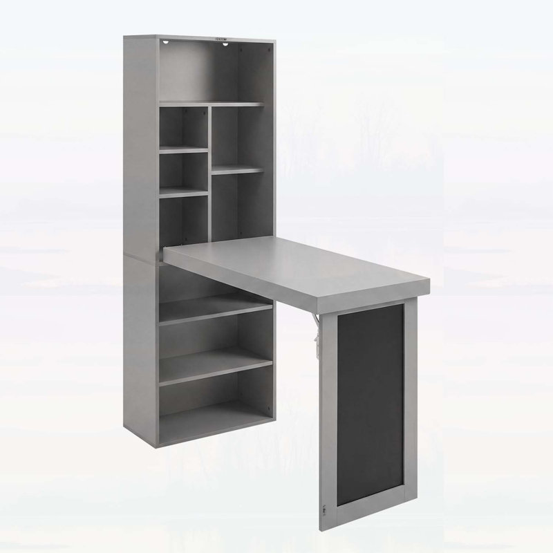 Bureau pliant avec rangement, table d'écriture convertible pliable avec tableau noir et tablettes pour petits espaces, bureau personnel et salle d'artisanat (gris)