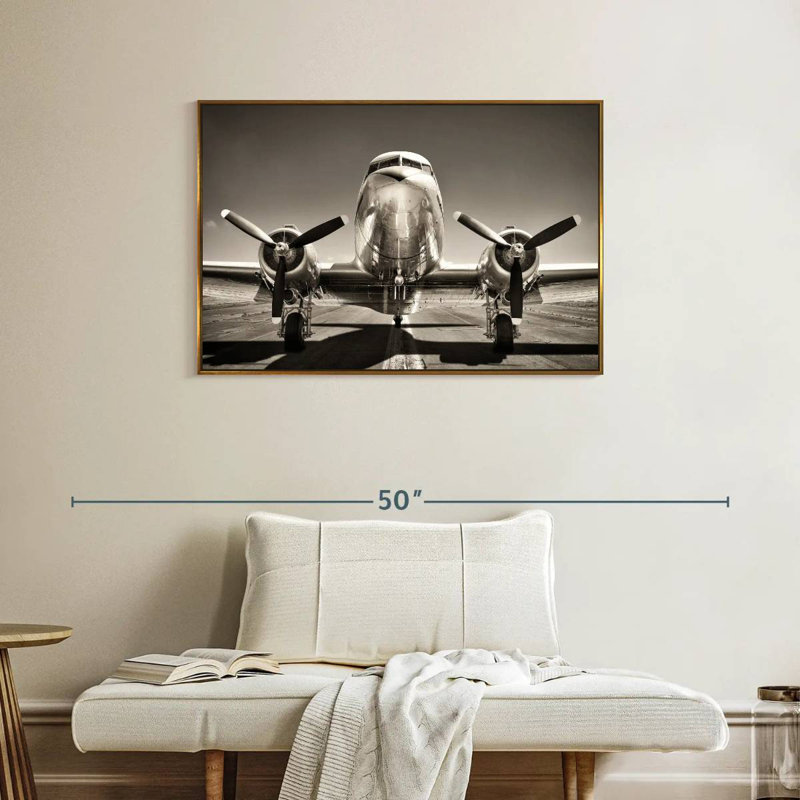 Avion rétro noir et blanc, Cadre flottant doré, 37 po x 25 po