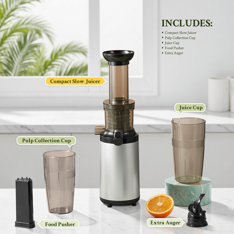 Compact Masticating Slow Juicer - Cold Press Technology for Maximum Nutrients, Easy to Clean & Assemble (Silver), Silver