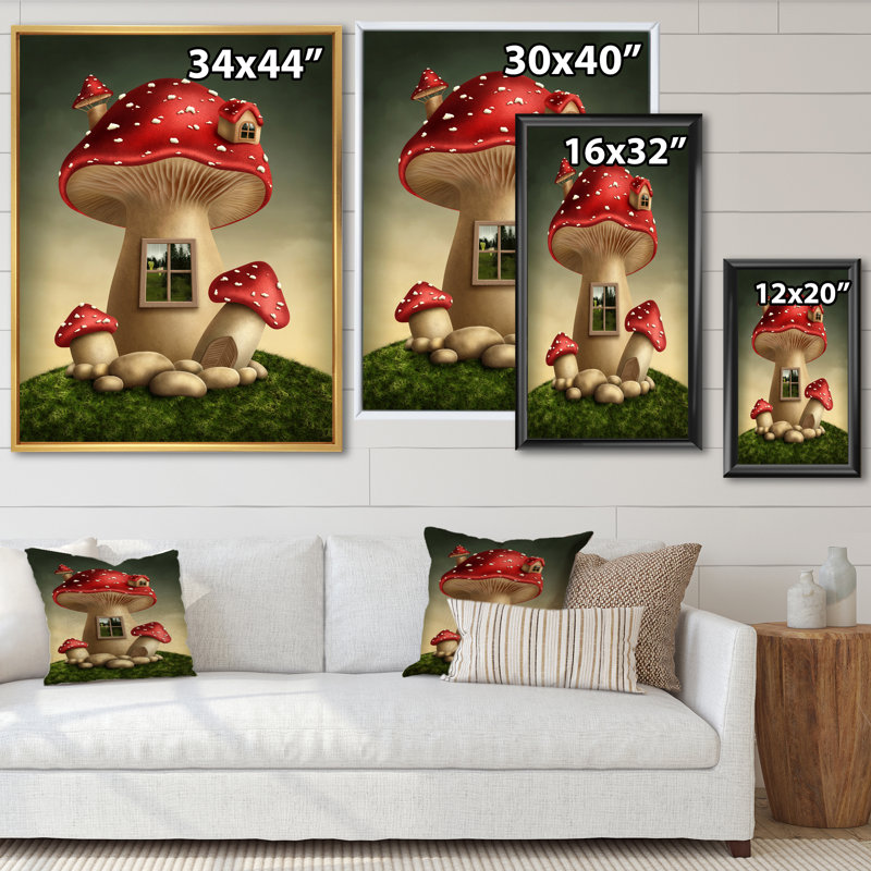 Fantasy Mushroom House - Painting on Canvas, Black Floater Frame Canvas, 44" H x 34" W