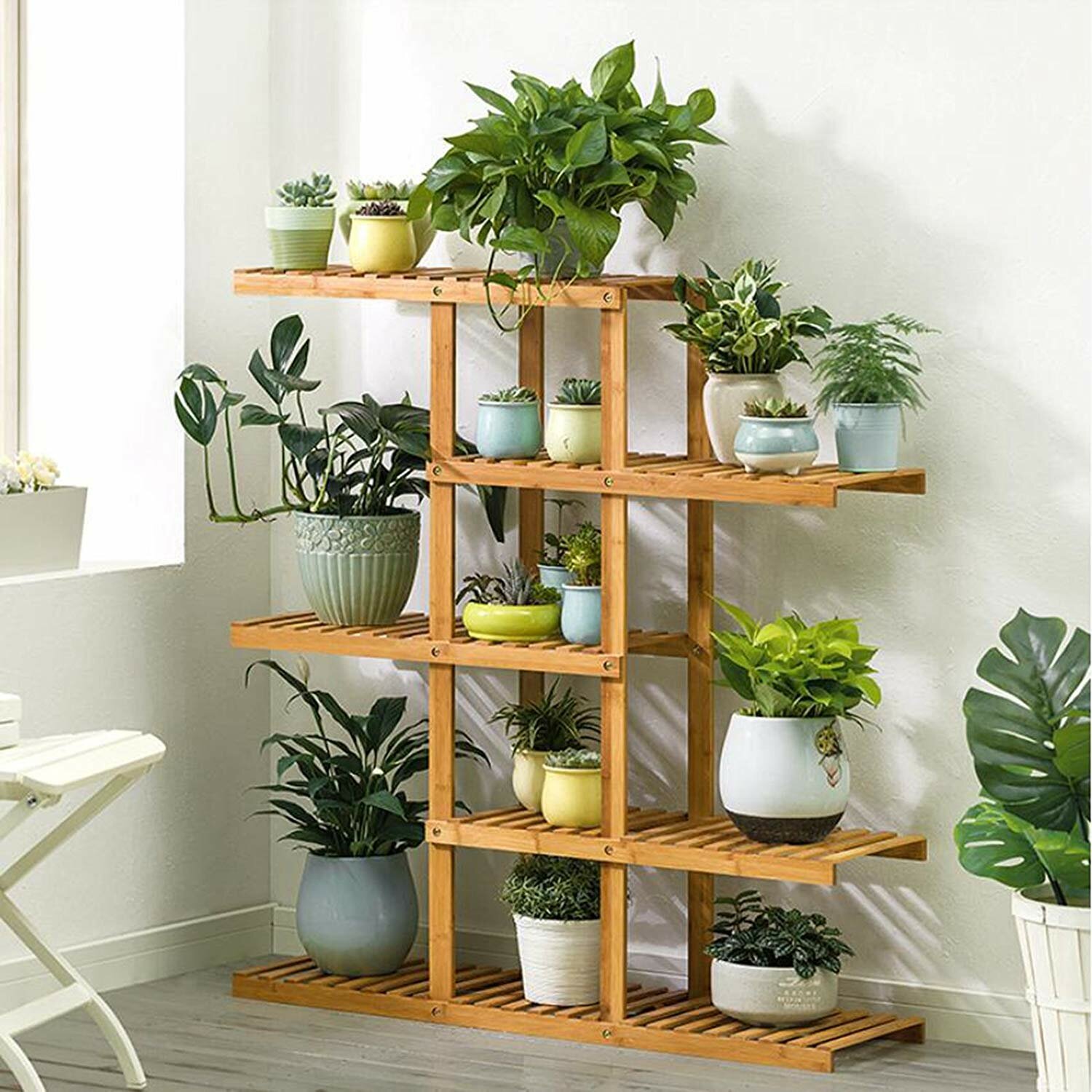 Bamboo Wood 4-Shelf Bookcase Plant Stand Shelving Unit - Pictured
