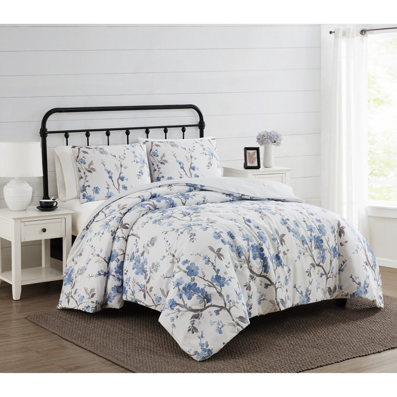 Full White and Blue Microfiber Down Alternative Comforter Set