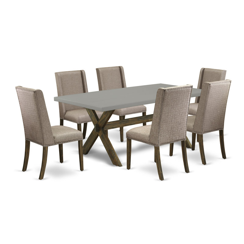 7 Piece Dining Table Set Consist of a Rectangle Kitchen Table with X-Legs and 6 Dark Khaki Linen Fabric Upholstered Chairs, Distressed Jacobean