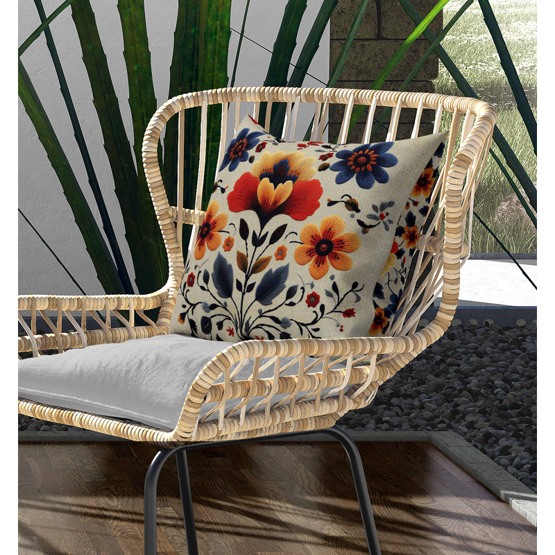 Oreiller intérieur / extérieur Rajasthan Bloom, Carré 16 po, Bleu / beige / orange