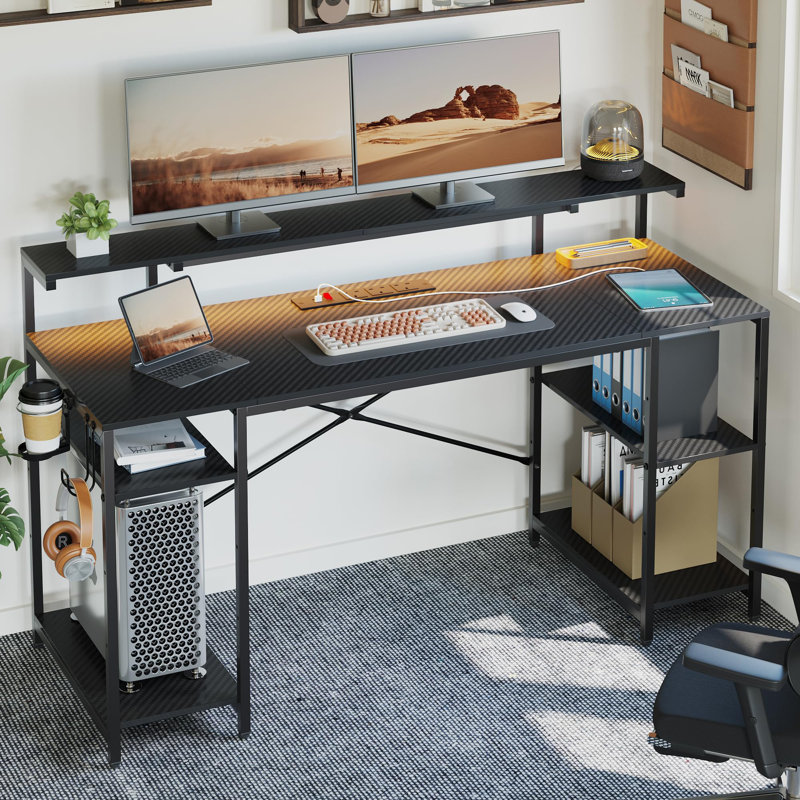 Metal Base Computer Desk with Power Outlet, Carbon Fiber Black