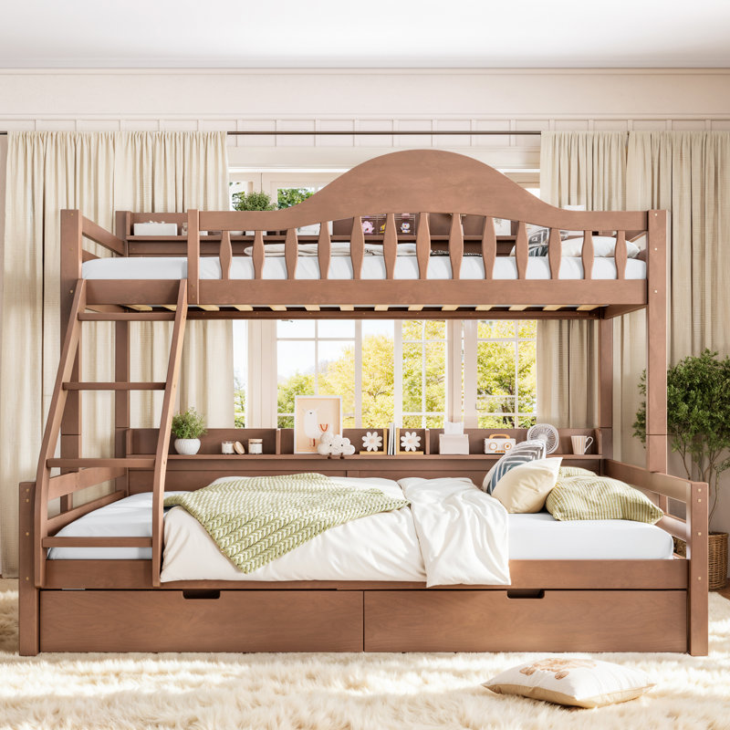 Lit superposé en bois massif (Twin XL + Queen) avec tiroirs de rangement et étagères latérales, barrière de sécurité incurvée, échelle, sommier non requis, couleur naturelle profonde