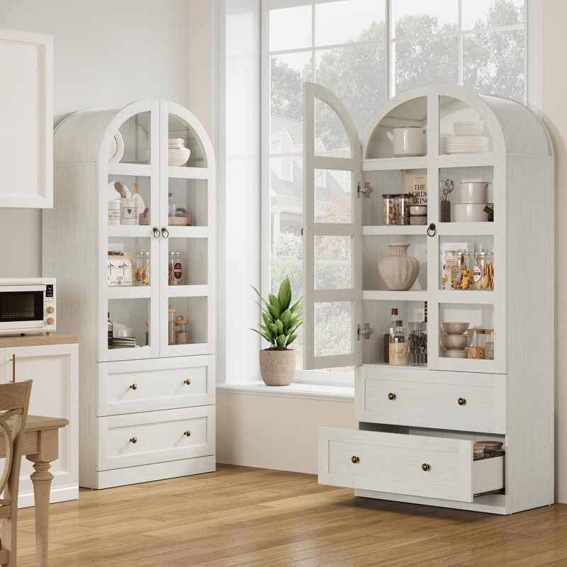 Armoire garde-manger arquée de 71 po de hauteur, tablette arquée en bois avec portes et tiroirs, Blanc