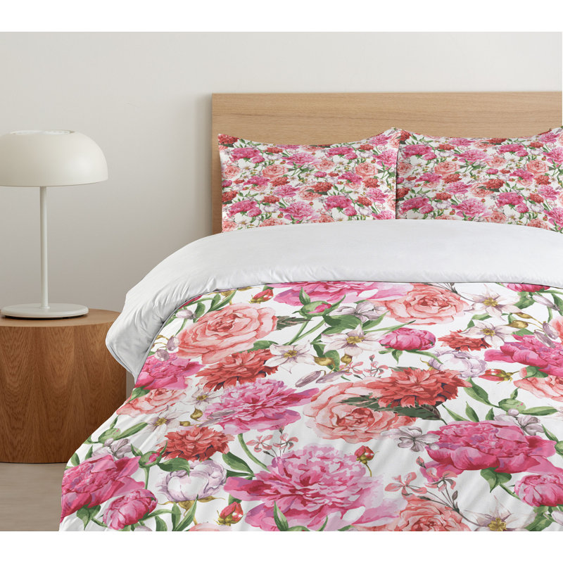 King White Pink Floral Duvet Cover Set with Shams