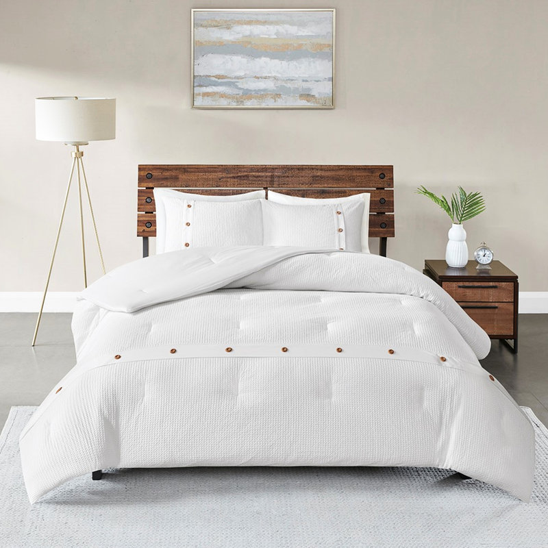Édredon en coton gaufré double / grand blanc - 3 pièces, lavables à la machine, boutons décoratifs en bois attrayants pour un attrait de chambre à coucher moderne 100% tissage, détails à boutons relaxants