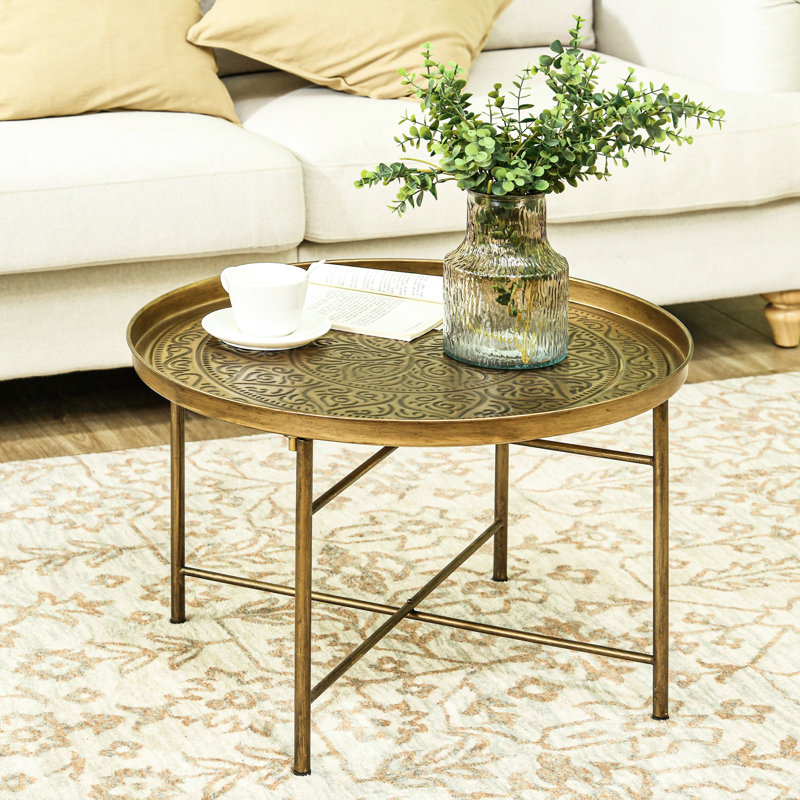 Table basse à plateau martelé rond en métal doré rétro de 24 po pour le salon, la chambre à coucher, la table d'appoint décorative avec plateau, doré et élégant