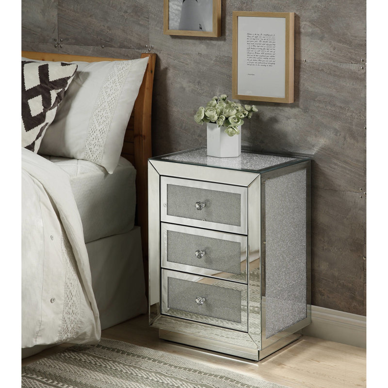 Table rectangulaire en miroir avec fonction de faux diamants - Unité de rangement amplement magnifique, 3 tiroirs décoratifs, chatoiement argenté, structure en bois synthétique et en métal, instantanément superbe