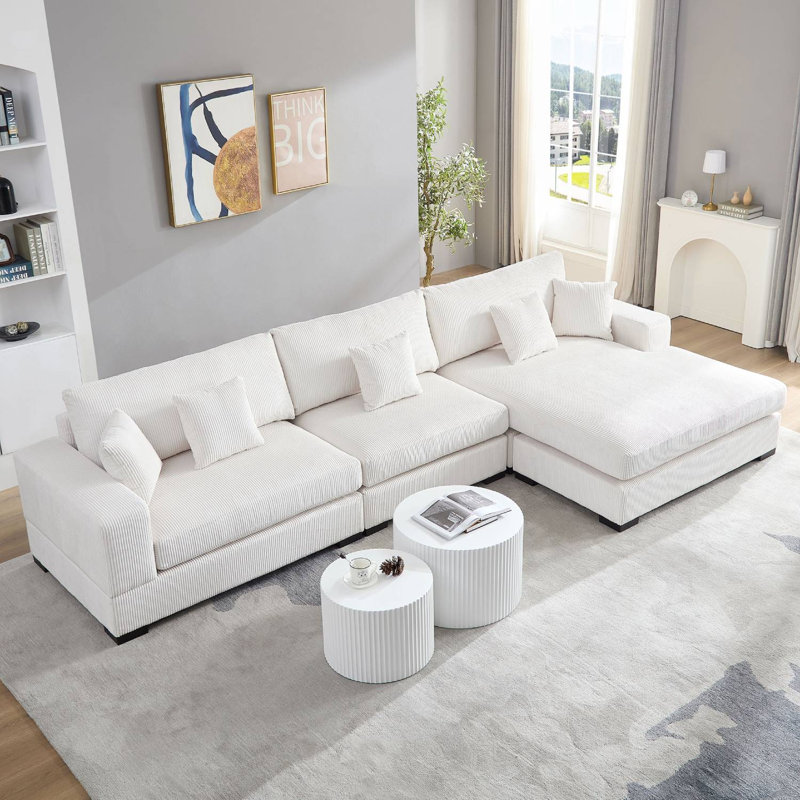 148" Upholstered Soft Sectional With Chaise, Beige Polyester