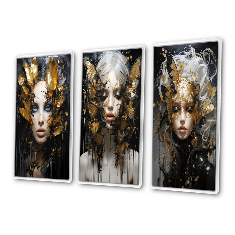 «Feather Woman Portrait I», ensemble de salon art mural glamour, Cadre flottant blanc, H 40 po x l 60 po