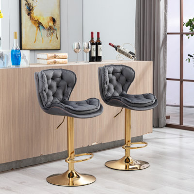 Bar Stool Set 17.32"L x 18.3"W x 34.6"H Fabric 2-Piece Gray Swivel
