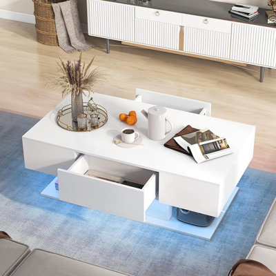 Table basse à DEL, centre à 2 niveaux avec tiroirs, blanc brillant