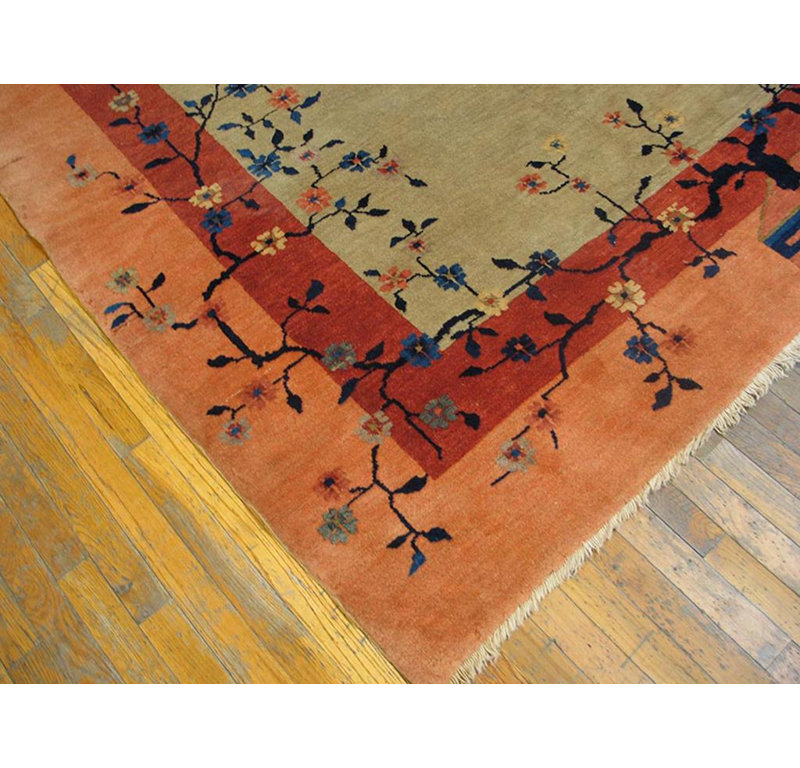 1910 Ivory Peach Rust Antique Chinese Peking Carpet 9'2" x 11'6" Wool Vase Rug