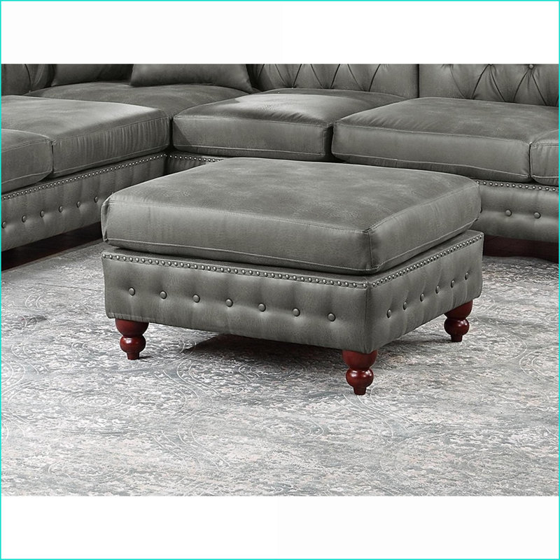 Ottoman Slate Gray Breathable Leatherette Tufted Nailhead Living Room | Gourd-Shaped Wood Legs | Walnut Brown Finish