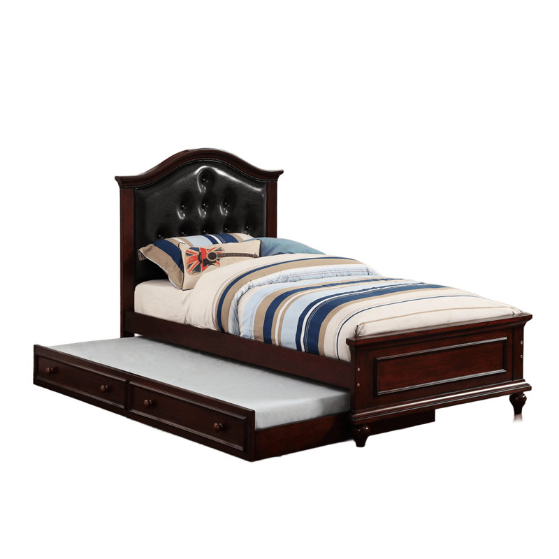 Lit simple moderne avec couchette, finition cerisier foncé, contreplaqué de pin et panneau de particules, simili cuir noir