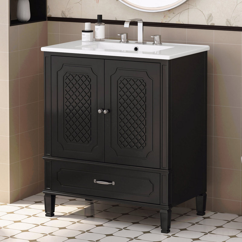 Meuble-lavabo de style rétro 30 po avec lavabo, espace de rangement multifonctionnel, tablette de porte, porte à fermeture douce