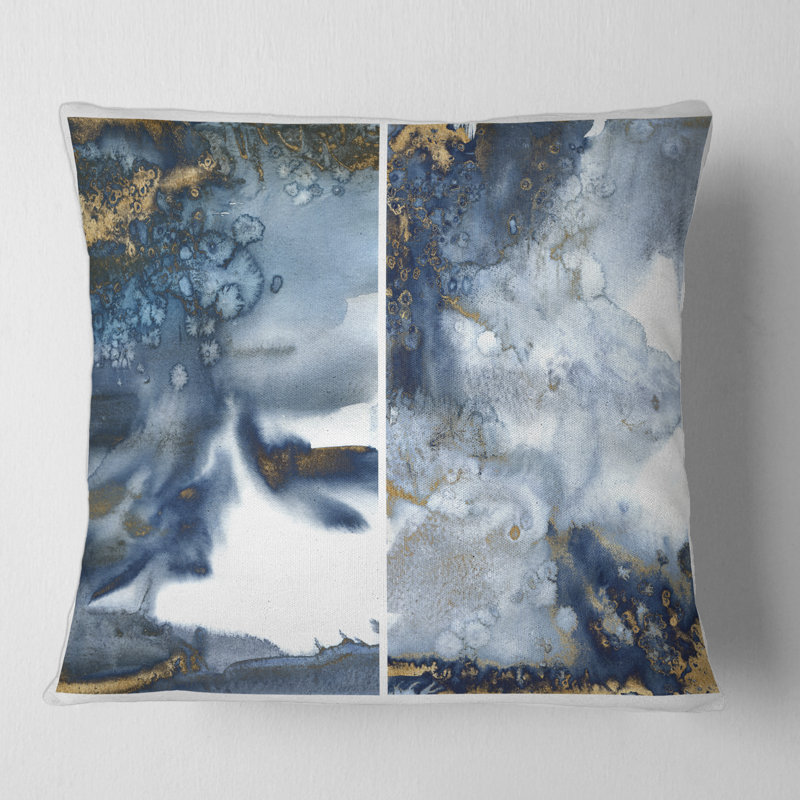 Bleu foncé et or abstrait vagues IV - coussin moderne imprimé, 16" x 16"