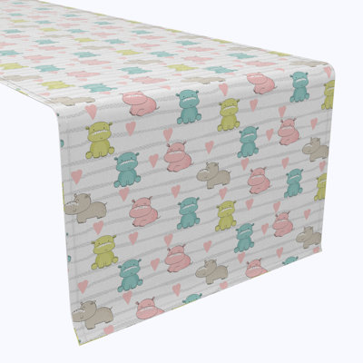 Table Runner, 100% Cotton, 16X108", Pastel Hippos