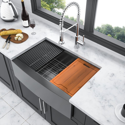 30 Inch Gunmetal Black Stainless Steel 16 Gauge Apron Front Sink Workstation - Scratch , Rust Easy To Clean With X Shaped Groove Design For Improved Drainage, 10 Deep Large Capacity, 3Mm Rubber Noise