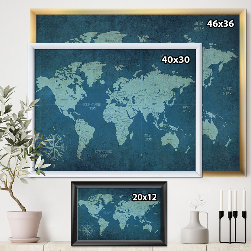 «Slate World Map II», reproduction d'impression sur toile, H 30 po x l 40 po x 1,5 po, Cadre flottant noir