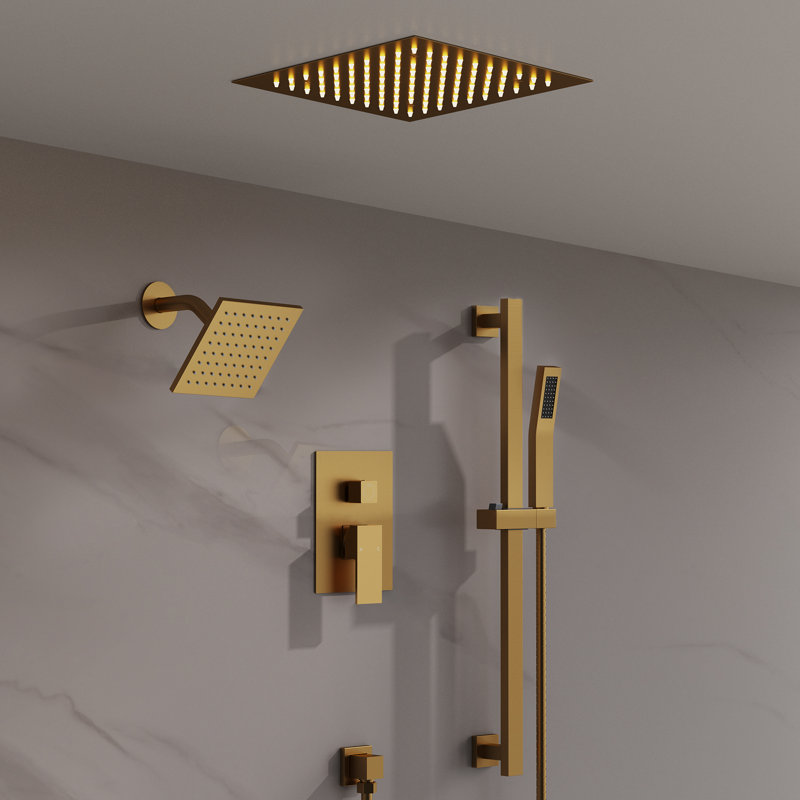 12" LED Ceiling-Mount Pressure-Balanced Rainfall Shower System with 6" Wall Shower Head and Slide Bar Handheld Shower