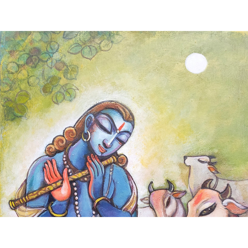 Lord Krishna jouant de la flûte avec des vaches | Acrylique sur toile | Peinture de Manisha Srivastava