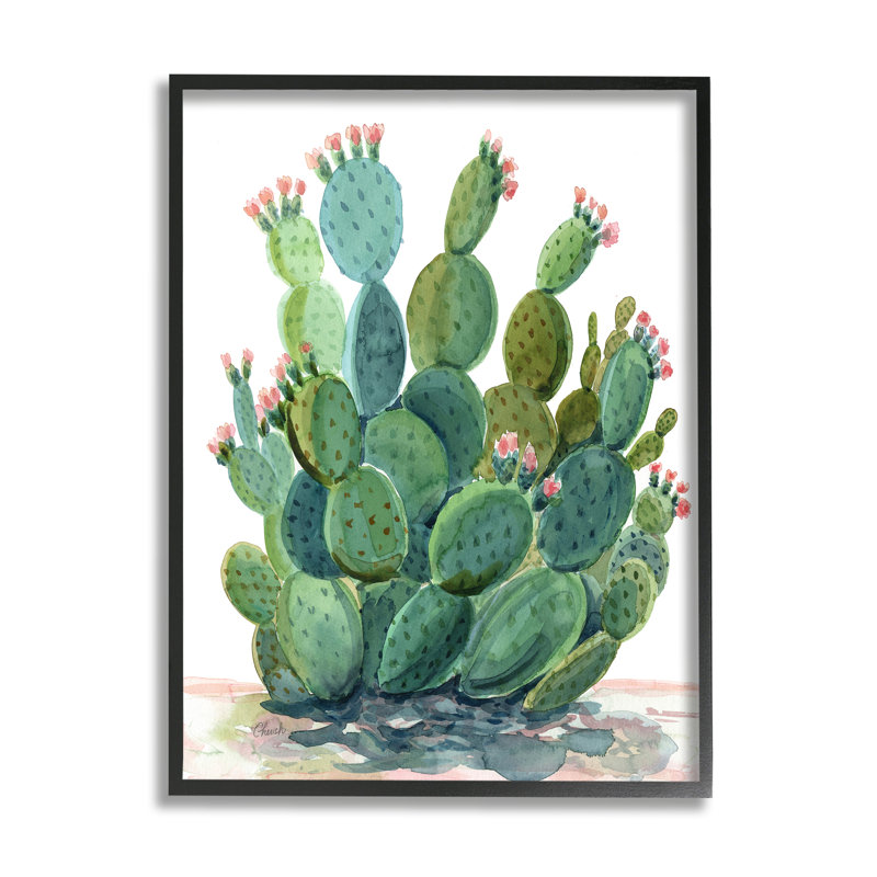 «Botanical Desert Prickly Pear Cactus» par Cherish Flieder - cadre flottant, impression sur bois, Giclée encadrée noir minuit