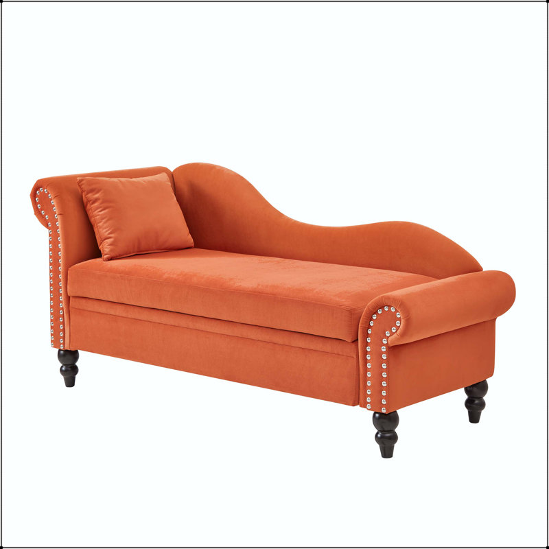 Chaise longue en velours 64,5 "avec rangement caché et garniture cloutée, Orange