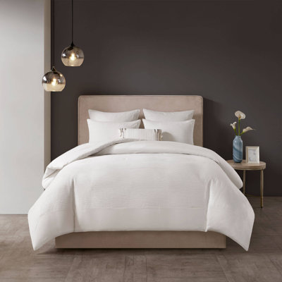 N Natori Hanae White 100% Cotton Blend Yarn Dyed 3-Piece King/Cal King Comforter Set