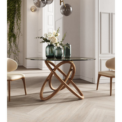 Shirehampton Ash Round Glass Top Solid Wood Base Dining Table