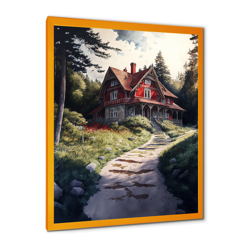 Charmant chalet rouge II - reproduction sur toile, H 20 po x l 12 po x P 1 po, Toile encadrée dorée avec coins fermés