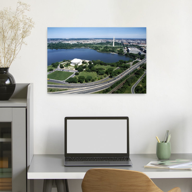 Aerial View Of A Building Near A River Jefferson Memorial Washington DC USA by Mark Segal - Wrapped Canvas Print