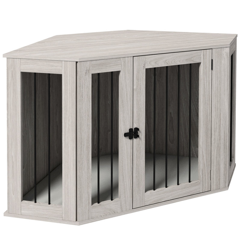 Corner-Style Dog Crate End Table - Walnut Brown Kennel With Plush Cushion, Space-Saving Design For Large Dogs