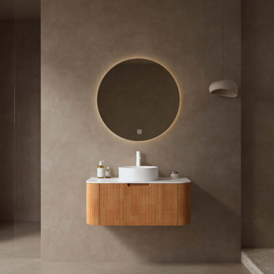 Meuble-lavabo de salle de bain avec lavabo, armoire de rangement rayée à bords arrondis avec un bassin rond en céramique et un plateau en pierre frittée de Carrare, pré-assemblé