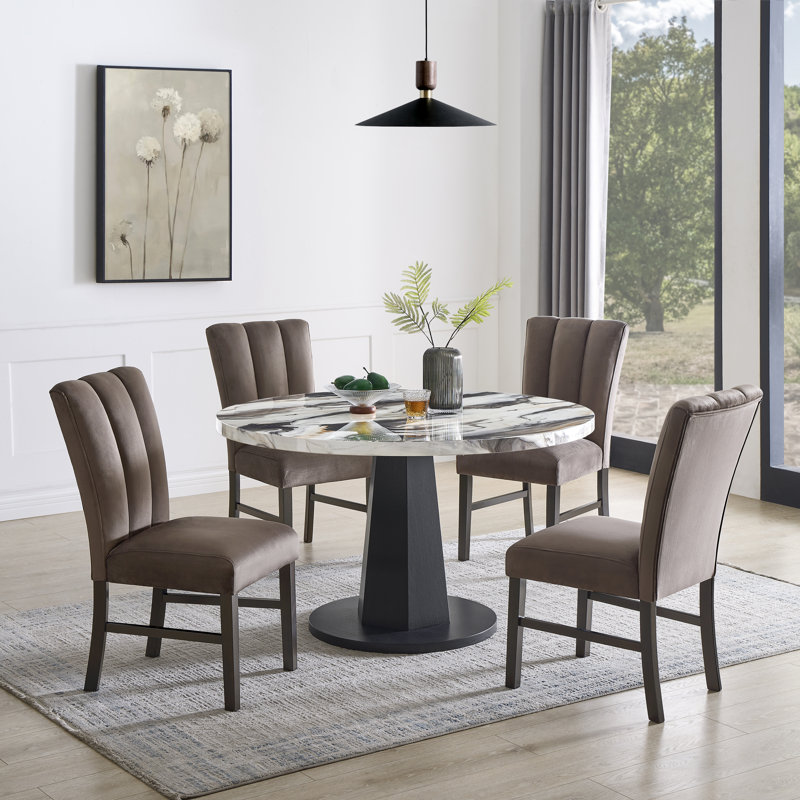 Ensemble de salle à manger 5 pièces Roundhill Furniture Cavira, table de salle à manger en faux marbre blanc cassé avec quatre chaises rembourrées brunes