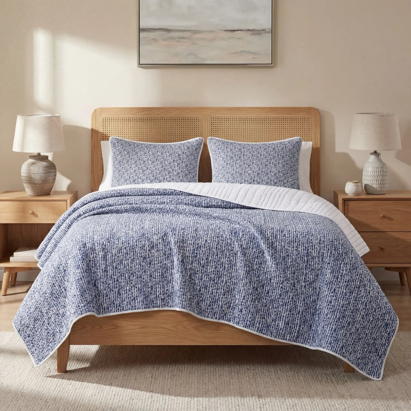 Ensemble de courtepointe réversible Indigo Staccato, Courtepointe grand + 2 couvre-oreillers standard