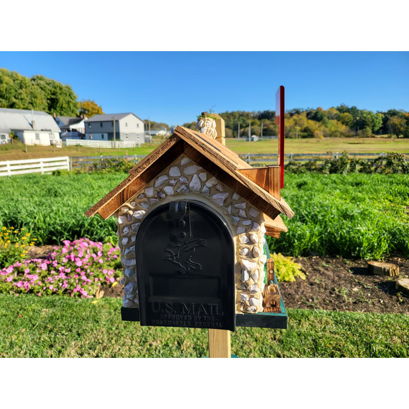Boîte aux lettres en pierre blanche Amish, faite à la main, style grange, Bordure verte