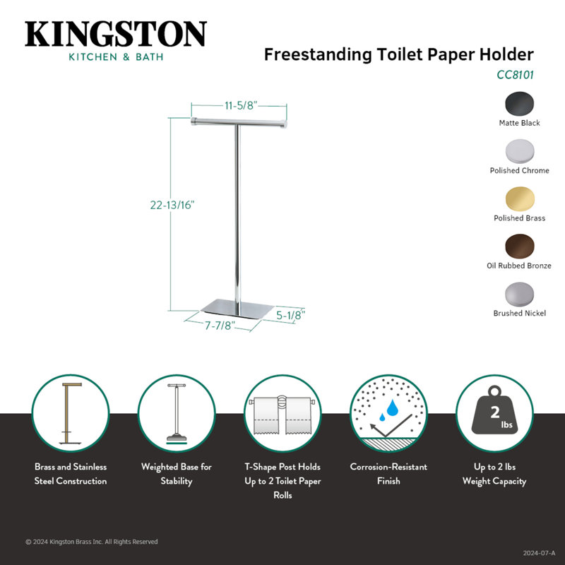 Porte-papier hygiénique sur roulettes double Kingston Kingston, Laiton poli