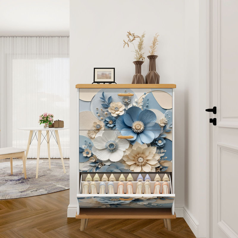 Armoire de rangement pour chaussures avec 3 tiroirs rabattables pour élégantes fleurs en papier beiges bleues et pétales superposés