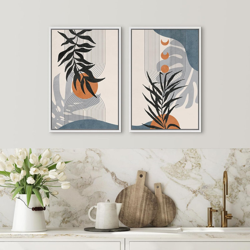 Silhouettes de plantes de la forêt et symboles du milieu du siècle, formes abstraites, bohème moderne, nature, chic, 2 pièces