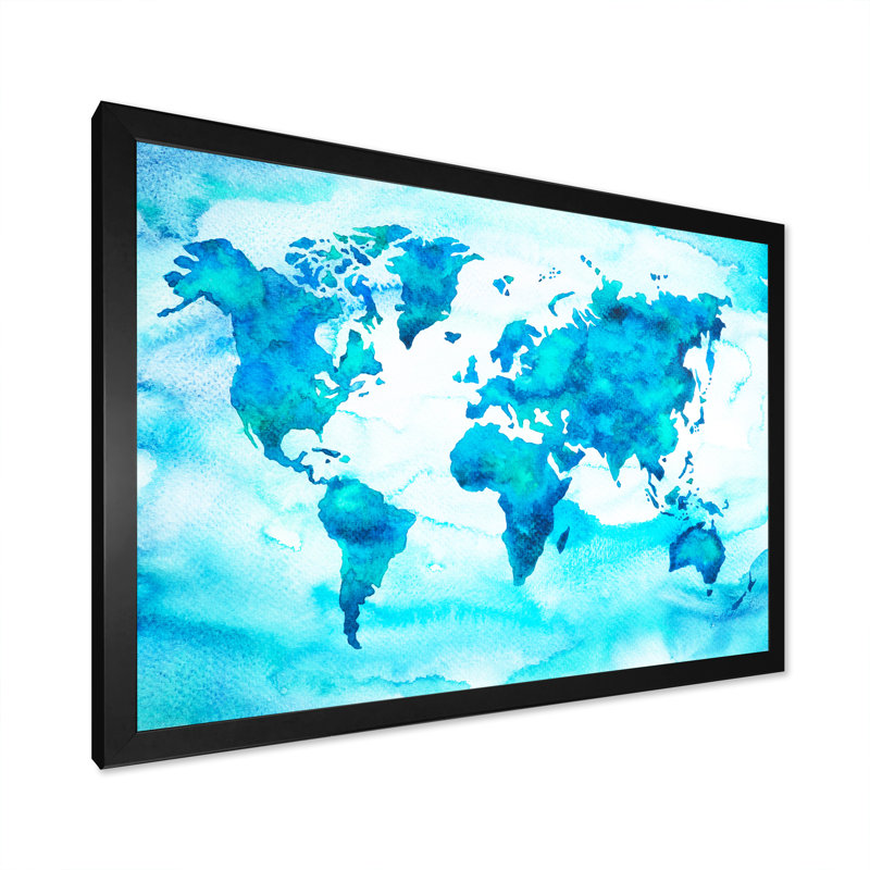 " World Map Blue Green Tone II ", Black Closed Corner Framed, 8" H x 12" W x 1" D