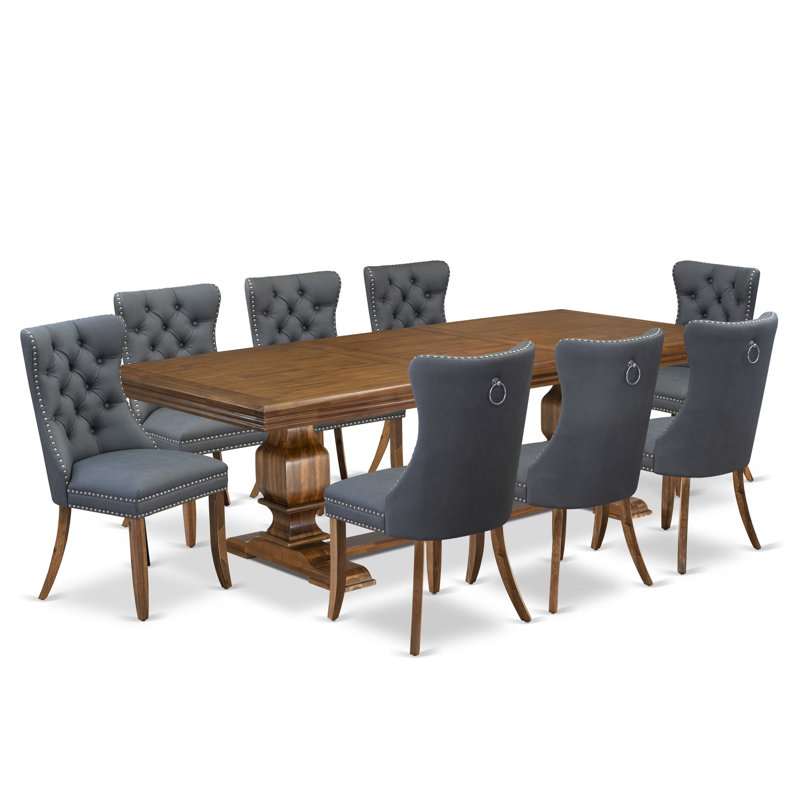Ensemble de table de salle à manger 9 pièces composé d'une table de cuisine et de 8 chaises de salle à manger en tissu de polyester gris platine avec dossier capitonné - Finition noyer antique